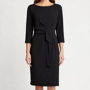 TAHARI Size 8 Black Side Knot Sheath Dress 3/4 Sleeve Crepe Work Office Career